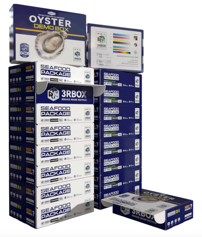 Stacked 3RBOX seafood package boxes and oyster demo box
