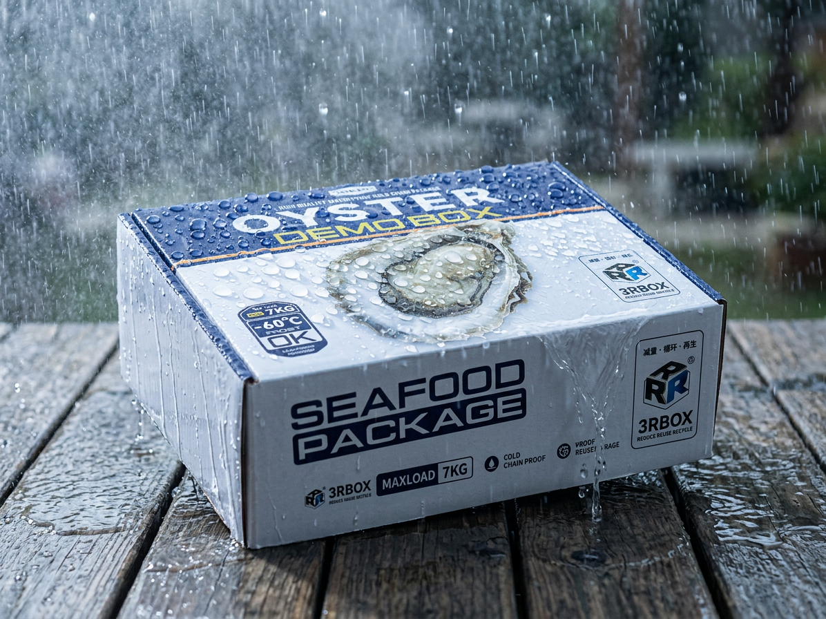 3RBOX waterproof stone paper seafood box in heavy rain with water beading off the printed surface
