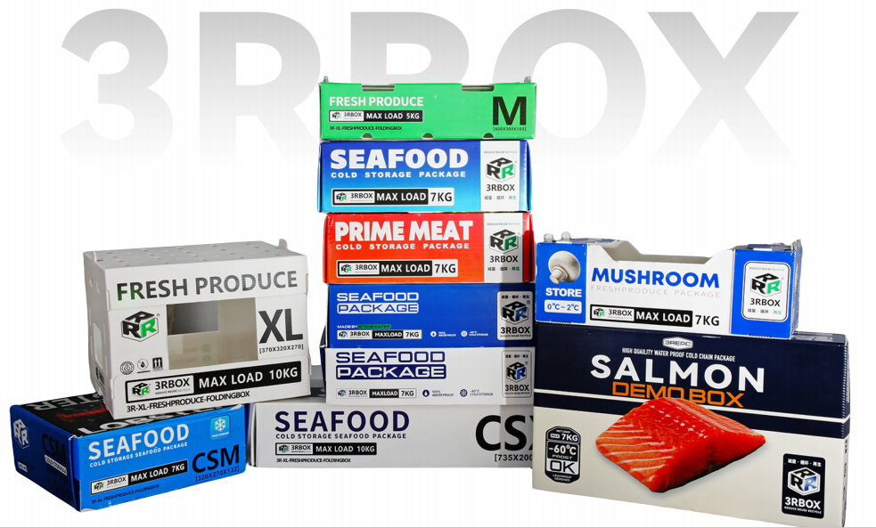 Stacked range of 3R Box waterproof corrugated boxes for seafood, prime meat, salmon, mushroom and fresh produce
