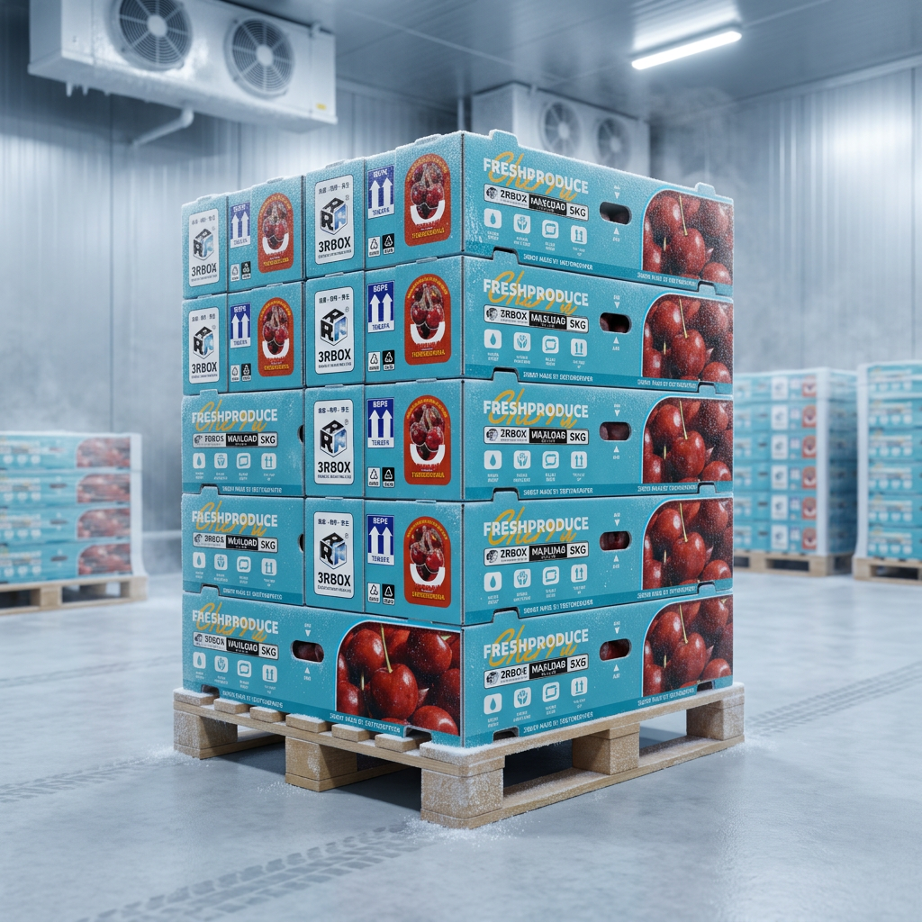Pallet of waterproof corrugated boxes stacked six high in a cold storage room