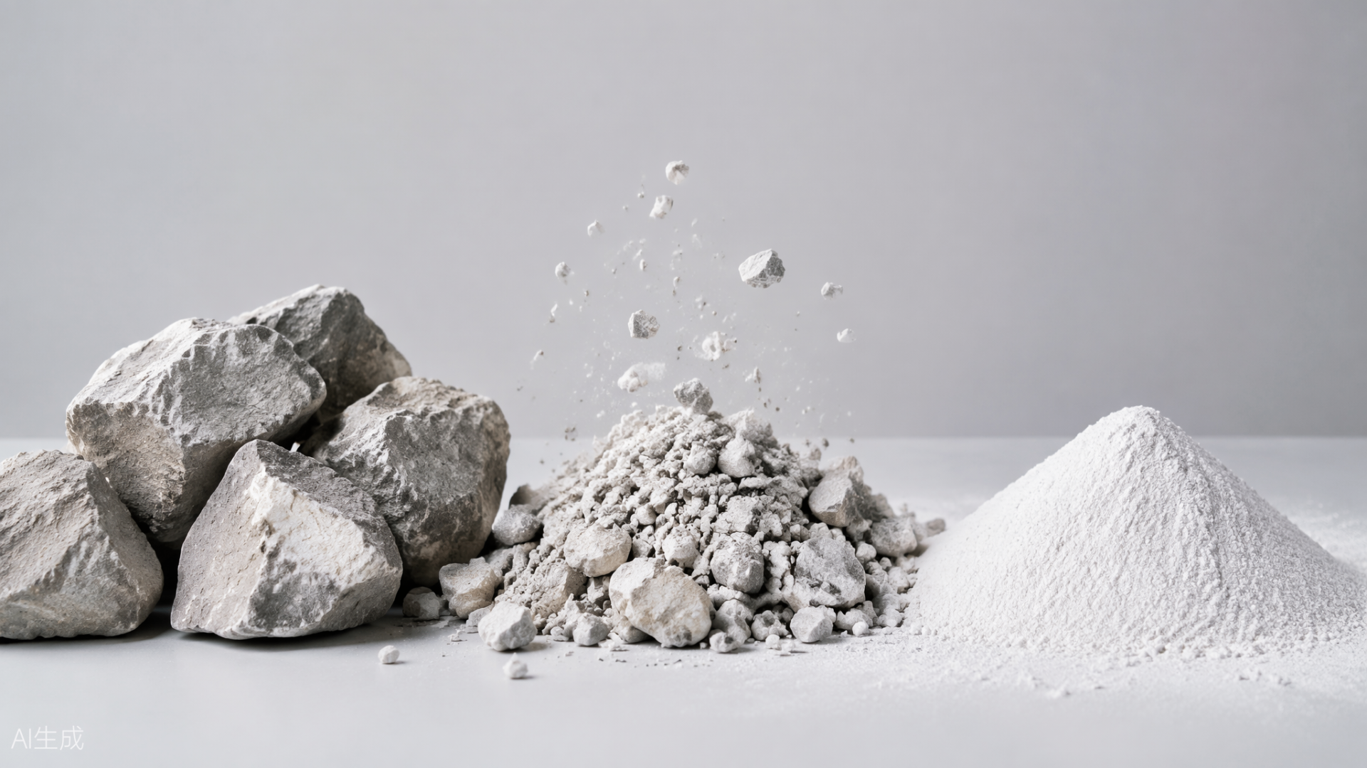 Raw limestone rocks and finely ground calcium carbonate powder — the mineral base of 3RBOX stone paper