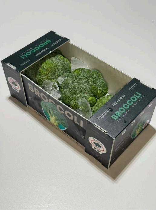 Stone paper broccoli box filled with broccoli and ice