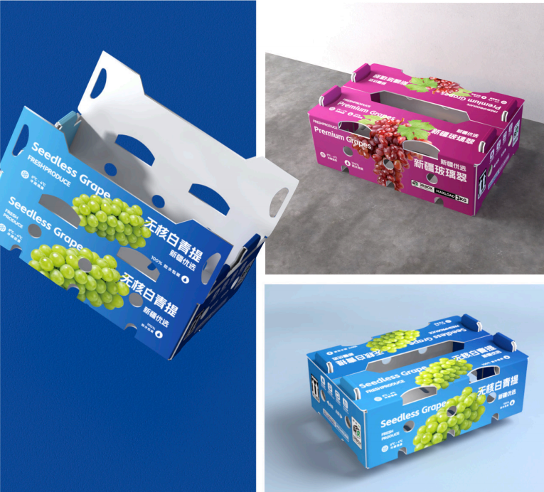 Seedless grape stone paper punnet boxes in blue and pink