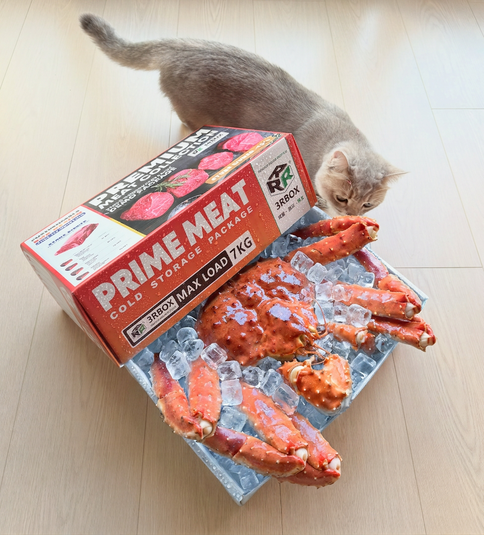 3RBOX Prime Meat cold storage box with king crab legs packed directly on ice